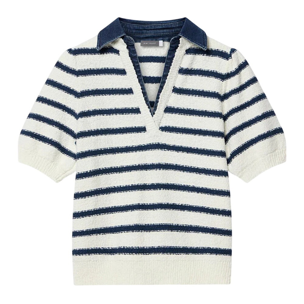 Mint Velvet Cream Striped Knit Denim Detail Top